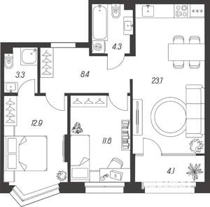 3-к квартира, строящийся дом, 68м2, 11/24 этаж