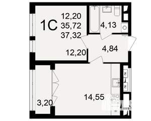 1-к квартира, строящийся дом, 36м2, 13/18 этаж