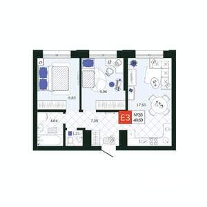 2-к квартира, вторичка, 50м2, 4/19 этаж