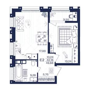 1-к квартира, строящийся дом, 44м2, 6/15 этаж