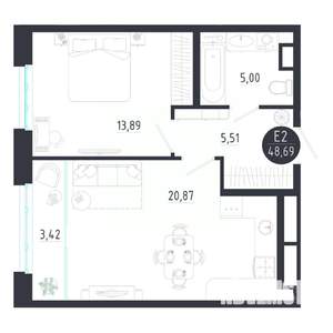 1-к квартира, строящийся дом, 49м2, 2/8 этаж