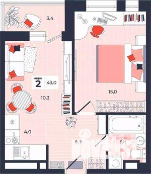 2-к квартира, строящийся дом, 43м2, 7/14 этаж