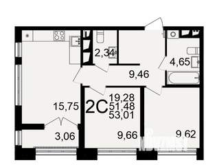 2-к квартира, вторичка, 53м2, 2/18 этаж