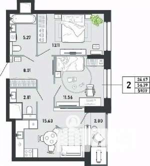 2-к квартира, вторичка, 59м2, 16/21 этаж