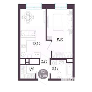 1-к квартира, строящийся дом, 32м2, 8/10 этаж