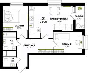 2-к квартира, строящийся дом, 65м2, 2/25 этаж