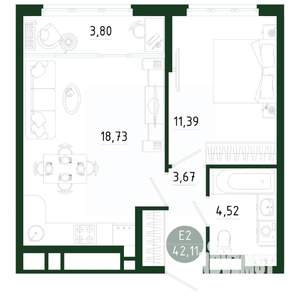 1-к квартира, строящийся дом, 42м2, 13/25 этаж