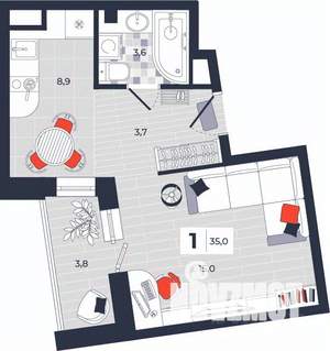 1-к квартира, строящийся дом, 35м2, 10/14 этаж