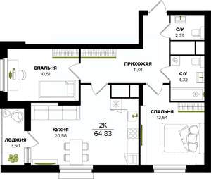 2-к квартира, строящийся дом, 65м2, 23/25 этаж