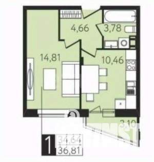 1-к квартира, вторичка, 34м2, 1/8 этаж