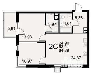 2-к квартира, строящийся дом, 63м2, 4/11 этаж