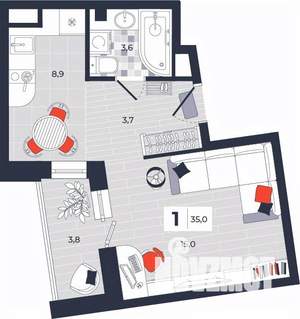 1-к квартира, строящийся дом, 35м2, 12/14 этаж