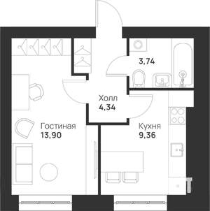 1-к квартира, вторичка, 31м2, 5/5 этаж