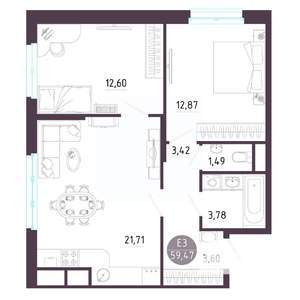 2-к квартира, строящийся дом, 59м2, 2/10 этаж