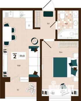 2-к квартира, строящийся дом, 40м2, 9/14 этаж
