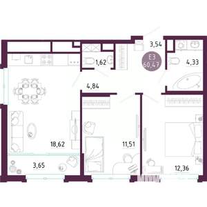 2-к квартира, вторичка, 60м2, 6/10 этаж