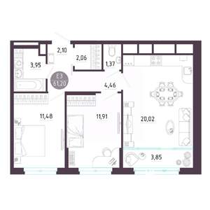 2-к квартира, строящийся дом, 61м2, 4/10 этаж