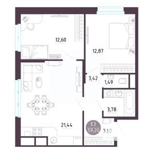 2-к квартира, строящийся дом, 59м2, 10/10 этаж