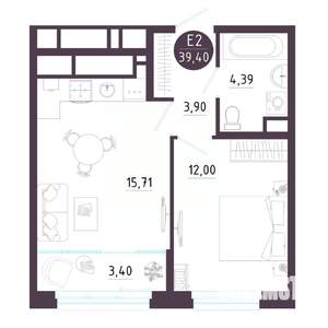 1-к квартира, строящийся дом, 39м2, 2/10 этаж