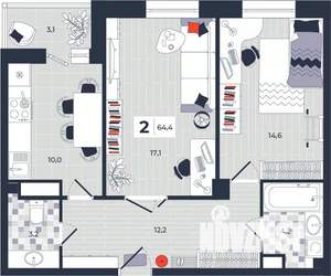 2-к квартира, строящийся дом, 64м2, 13/14 этаж