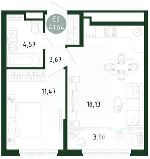 1-к квартира, строящийся дом, 42м2, 13/25 этаж