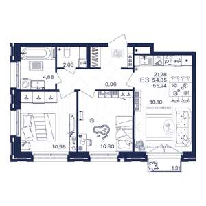 1-к квартира, строящийся дом, 55м2, 2/15 этаж