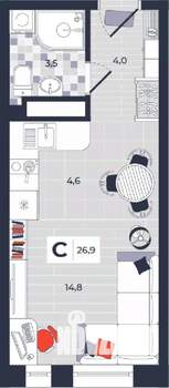 Студия квартира, строящийся дом, 27м2, 13/14 этаж