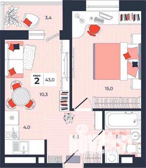 2-к квартира, строящийся дом, 43м2, 13/14 этаж