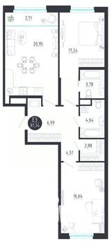 2-к квартира, строящийся дом, 81м2, 4/8 этаж