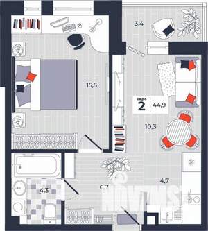 2-к квартира, строящийся дом, 45м2, 2/14 этаж