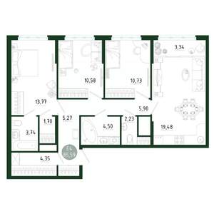 3-к квартира, строящийся дом, 86м2, 7/25 этаж
