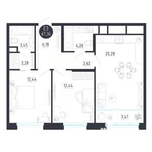 2-к квартира, строящийся дом, 67м2, 4/8 этаж