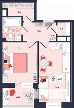 2-к квартира, строящийся дом, 45м2, 12/14 этаж