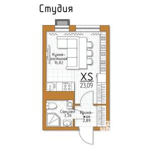 1-к квартира, строящийся дом, 23м2, 4/5 этаж