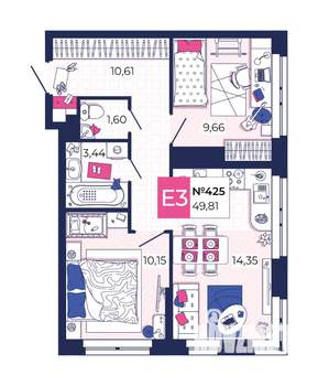 2-к квартира, вторичка, 50м2, 8/25 этаж