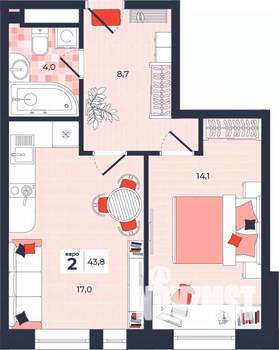 2-к квартира, строящийся дом, 44м2, 6/14 этаж