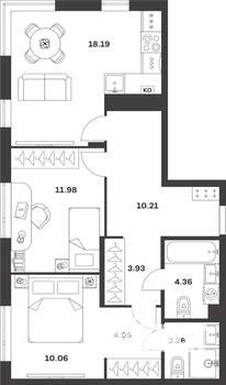 2-к квартира, вторичка, 66м2, 1/4 этаж