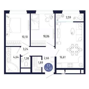 2-к квартира, строящийся дом, 54м2, 23/25 этаж