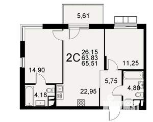 2-к квартира, строящийся дом, 64м2, 6/11 этаж