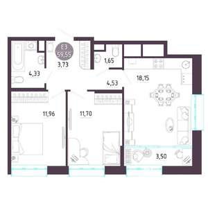 2-к квартира, строящийся дом, 60м2, 6/10 этаж
