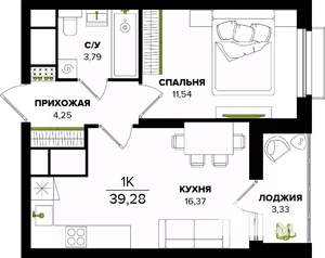 1-к квартира, строящийся дом, 39м2, 2/25 этаж