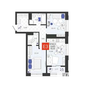 2-к квартира, вторичка, 55м2, 4/19 этаж