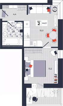 2-к квартира, строящийся дом, 44м2, 2/14 этаж