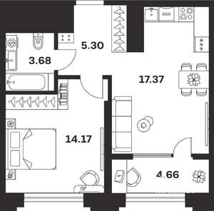 1-к квартира, вторичка, 45м2, 3/10 этаж