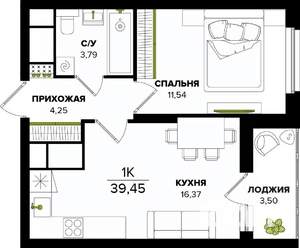 1-к квартира, строящийся дом, 39м2, 18/25 этаж
