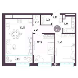 2-к квартира, строящийся дом, 61м2, 10/10 этаж