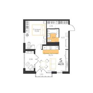 1-к квартира, строящийся дом, 46м2, 1/5 этаж