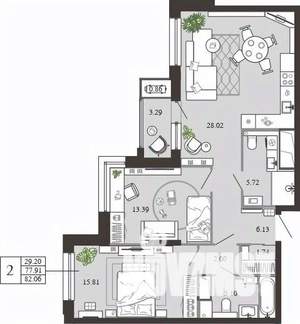 2-к квартира, вторичка, 82м2, 6/21 этаж