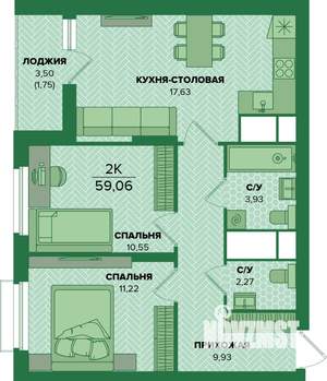 2-к квартира, вторичка, 59м2, 22/25 этаж