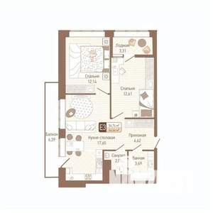 2-к квартира, строящийся дом, 58м2, 5/14 этаж